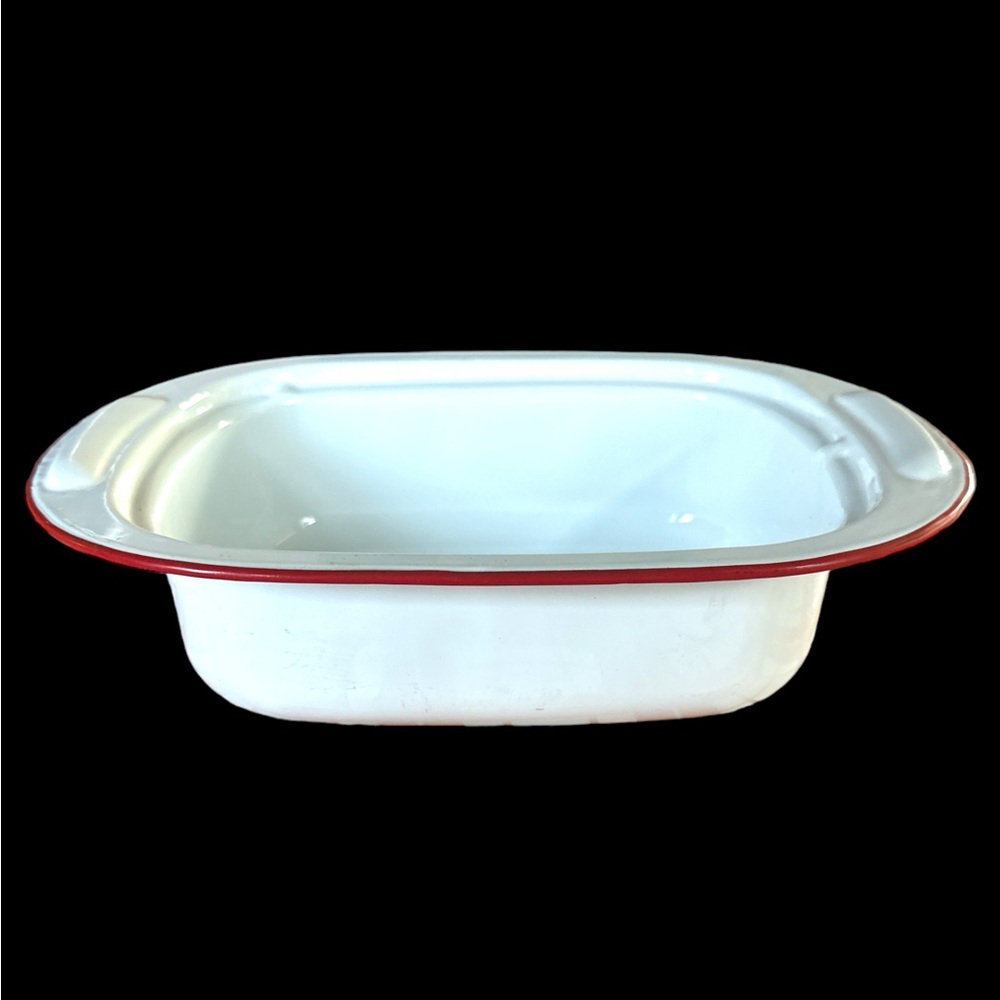 Vintage White Enamel Baking Dish with Red Trim